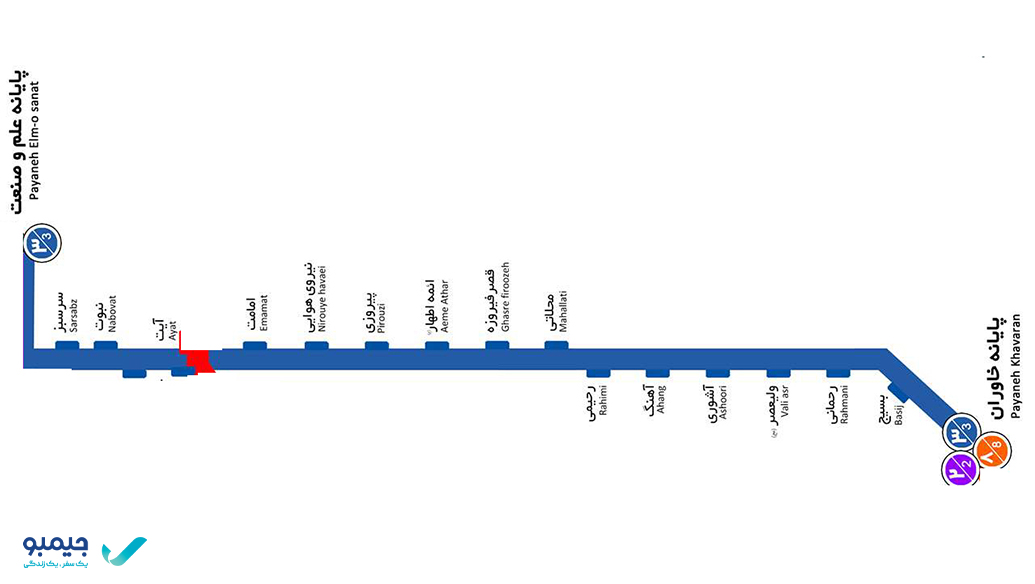 نقشه BRT تهران خط 3 از خاوران تا علم و صنعت