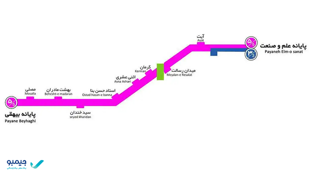 نقشه BRT تهران خط 5 از بیهقی تا علم و صنعت