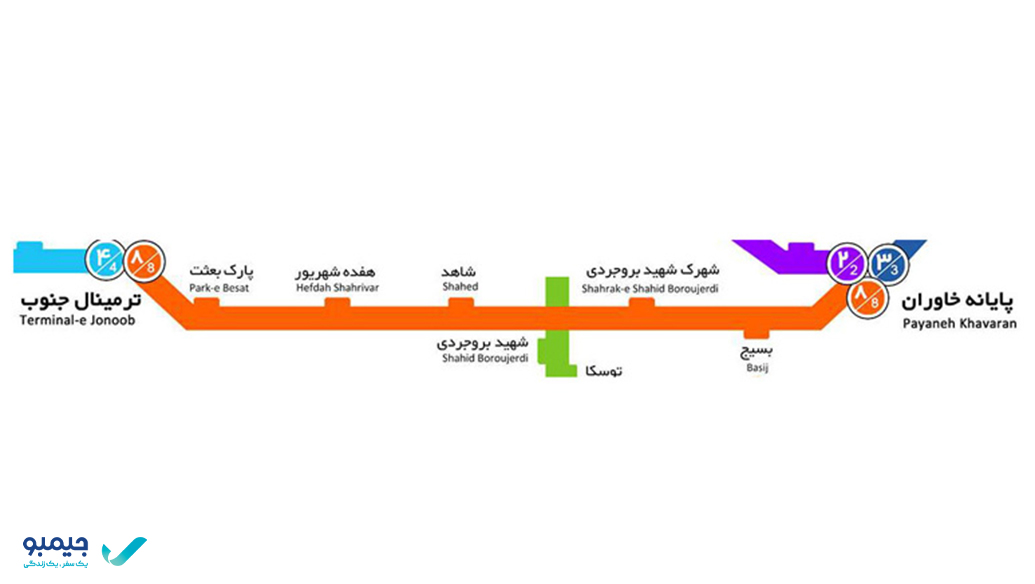 نقشه خط 8 اتوبوس تندرو تهران از خاوران تا پایانه جنوب